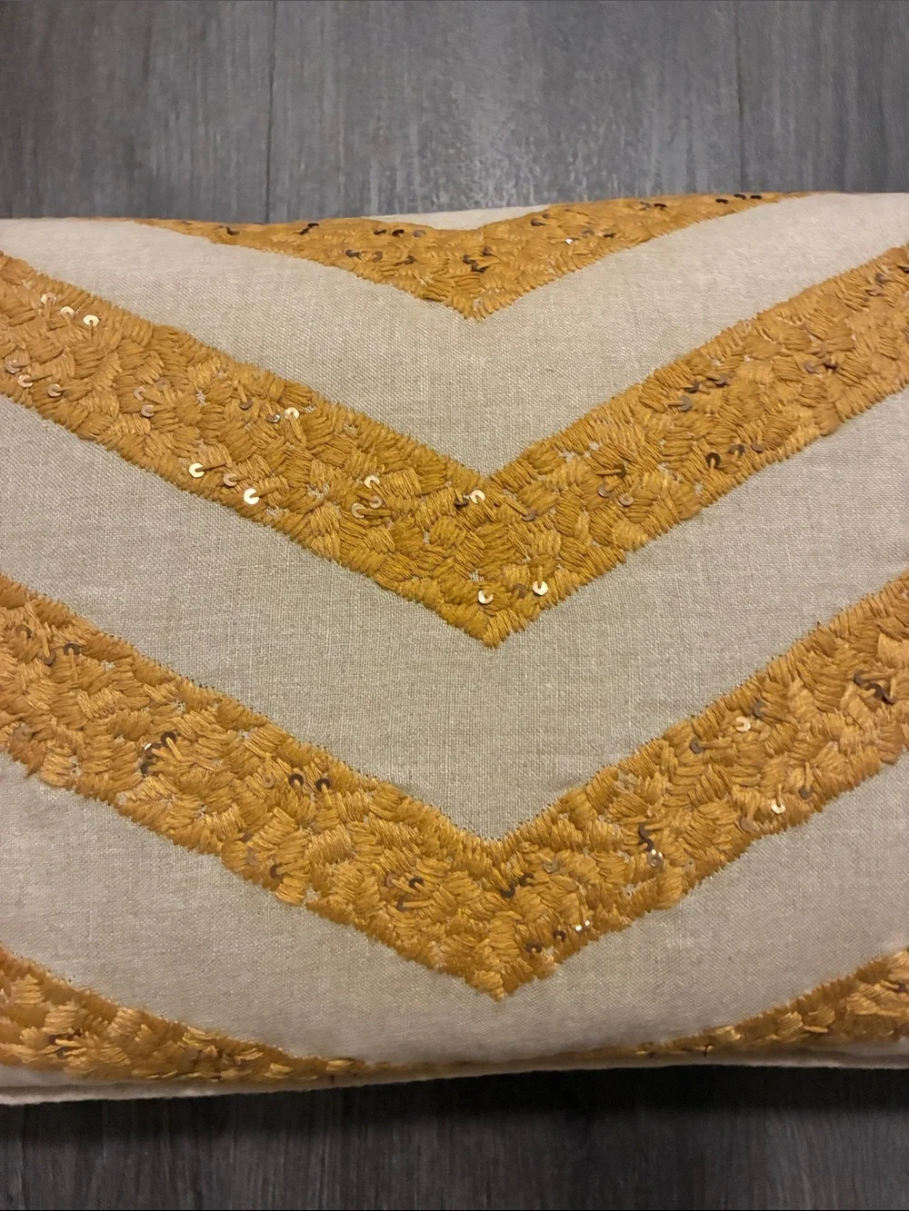 Anthropologie Mustard Chevron Embroidered Lumbar Pillow with Sequin Detail